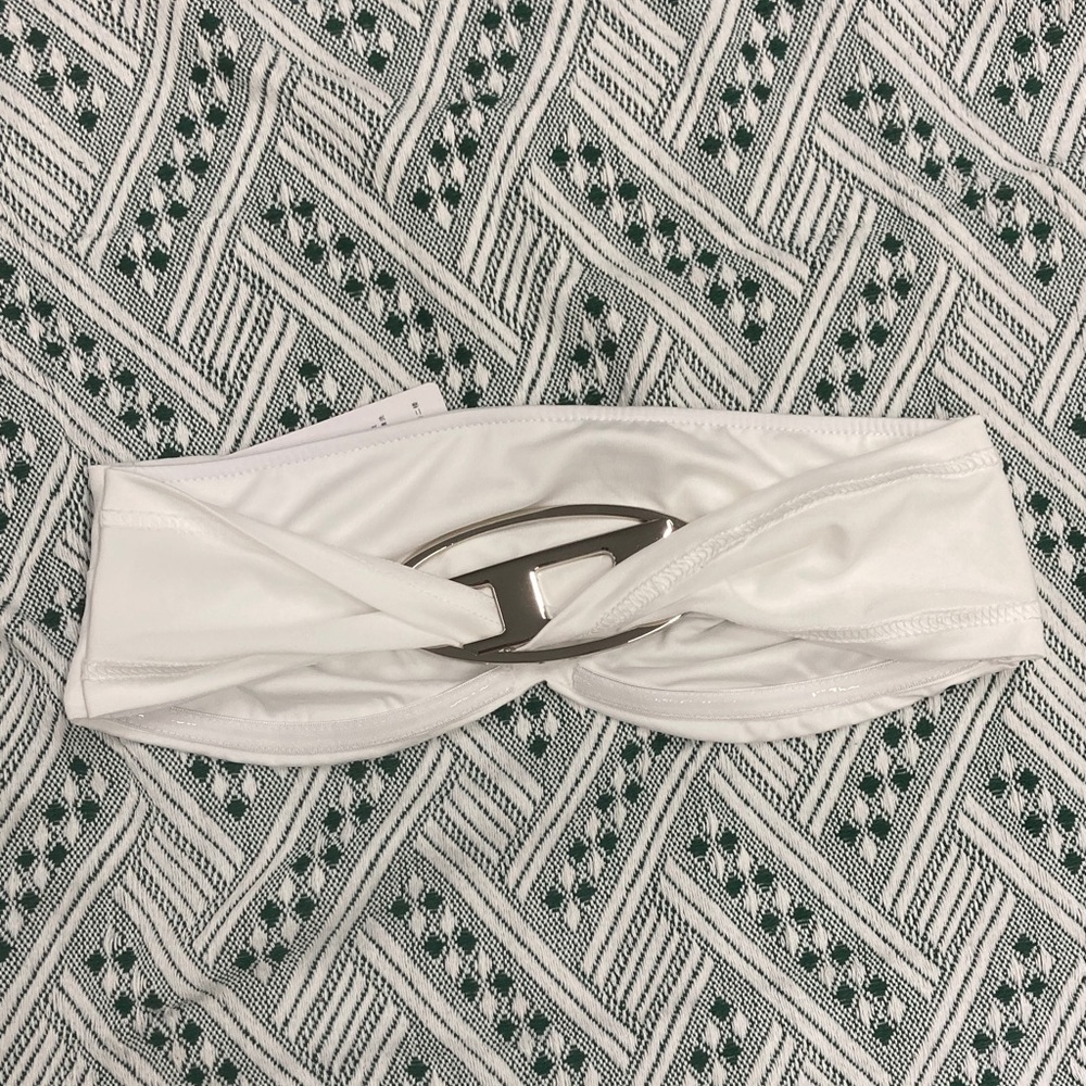 White Twist Front Bikini Top with Silver Hardware